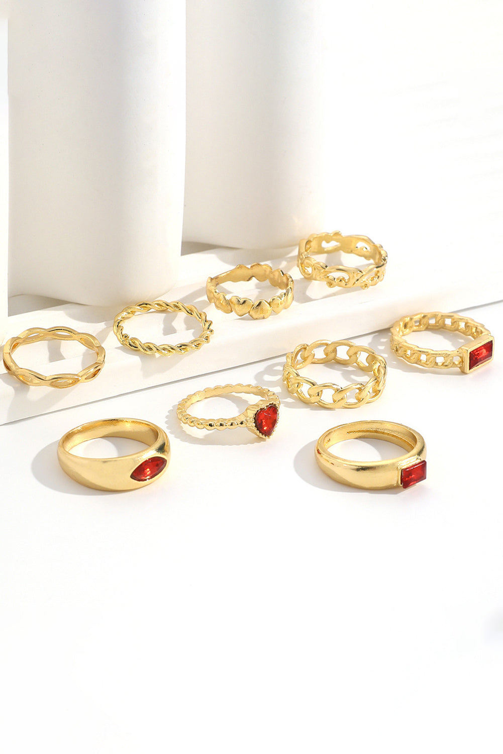 Fiery Red Faux Gem Inlay Heart Shape Alloy Ring Set