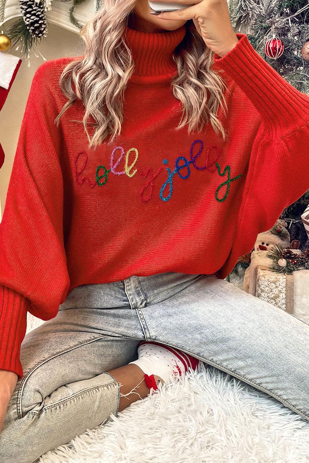 Red Merry Letter Embroidered High Neck Sweater - L & M Kee, LLC