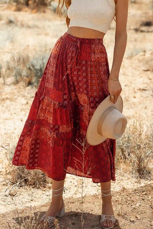 Red Bohemian Mix Print Long Flared Skirt - L & M Kee, LLC