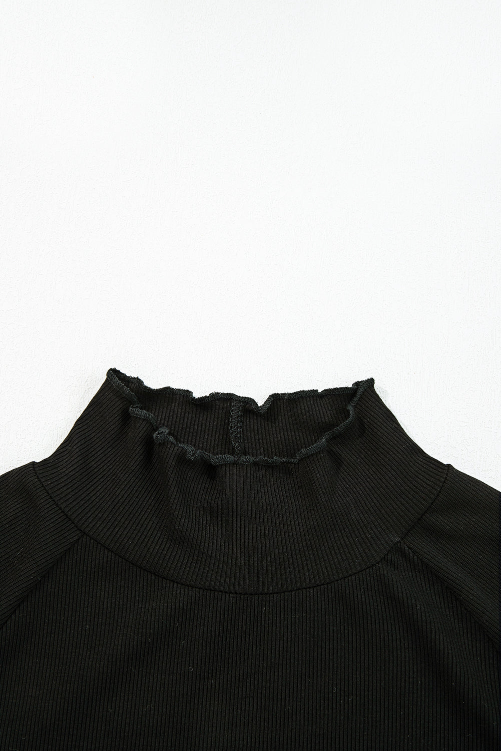 Black Ribbed Knit Lettuce Trim High Neck Long Sleeve Top