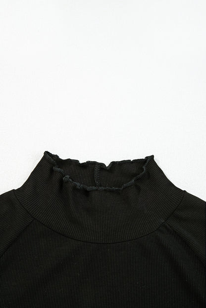 Black Ribbed Knit Lettuce Trim High Neck Long Sleeve Top