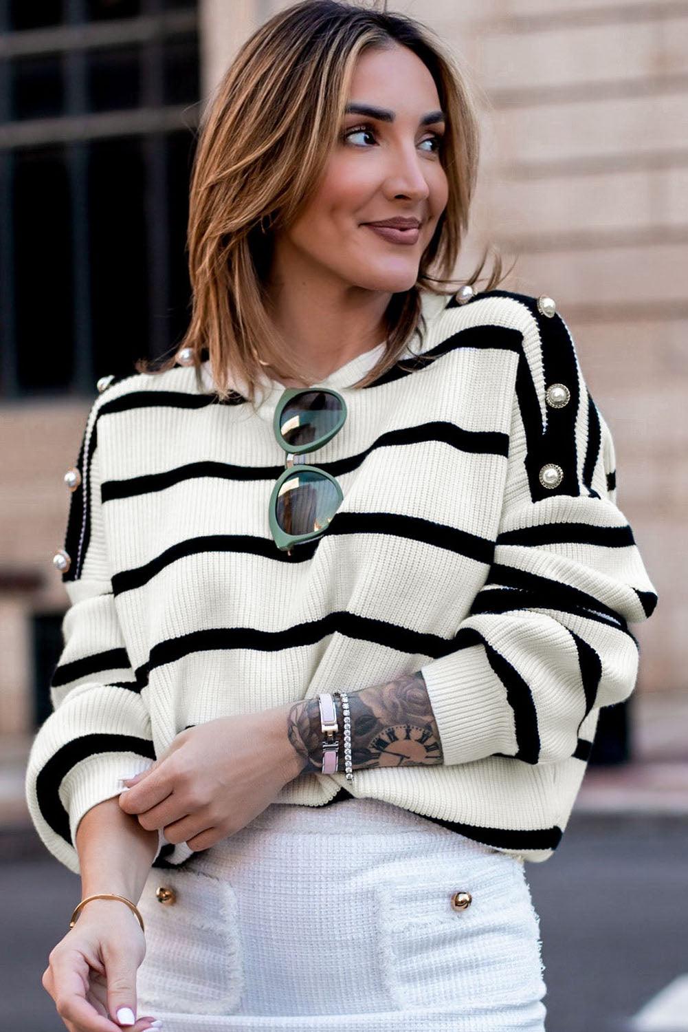 Stripe Buttoned Decor Sweater - L & M Kee, LLC