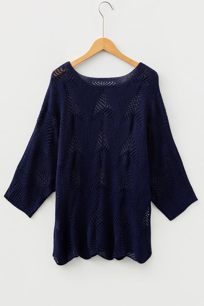 Navy Blue Hollow Out Knit 7/8 Sleeve Casual Sweater
