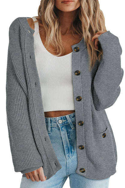 Medium Grey Chunky Buttoned Front Round Neck Cardigan Sweater