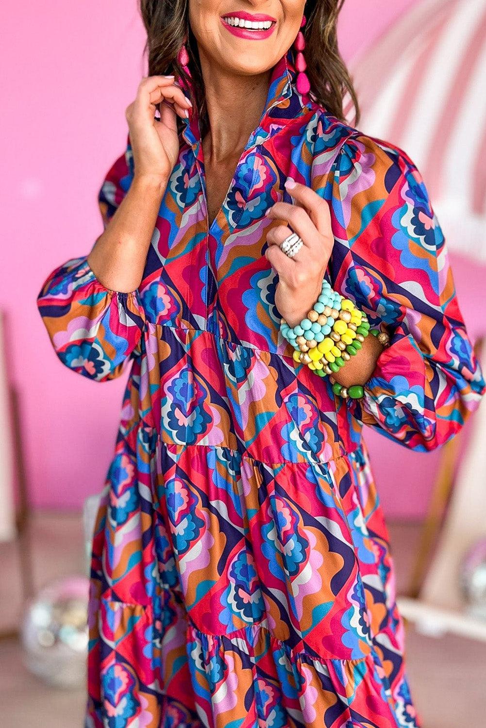 Multicolor Abstract Geometric Print Long Sleeve High Waist Dress - L & M Kee, LLC