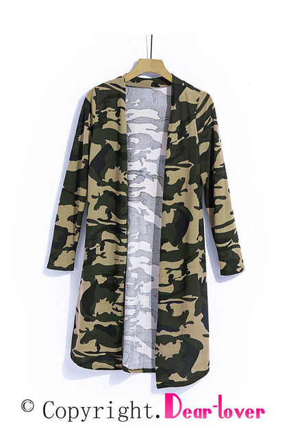 Green Camo Print Long Cardigan - L & M Kee, LLC