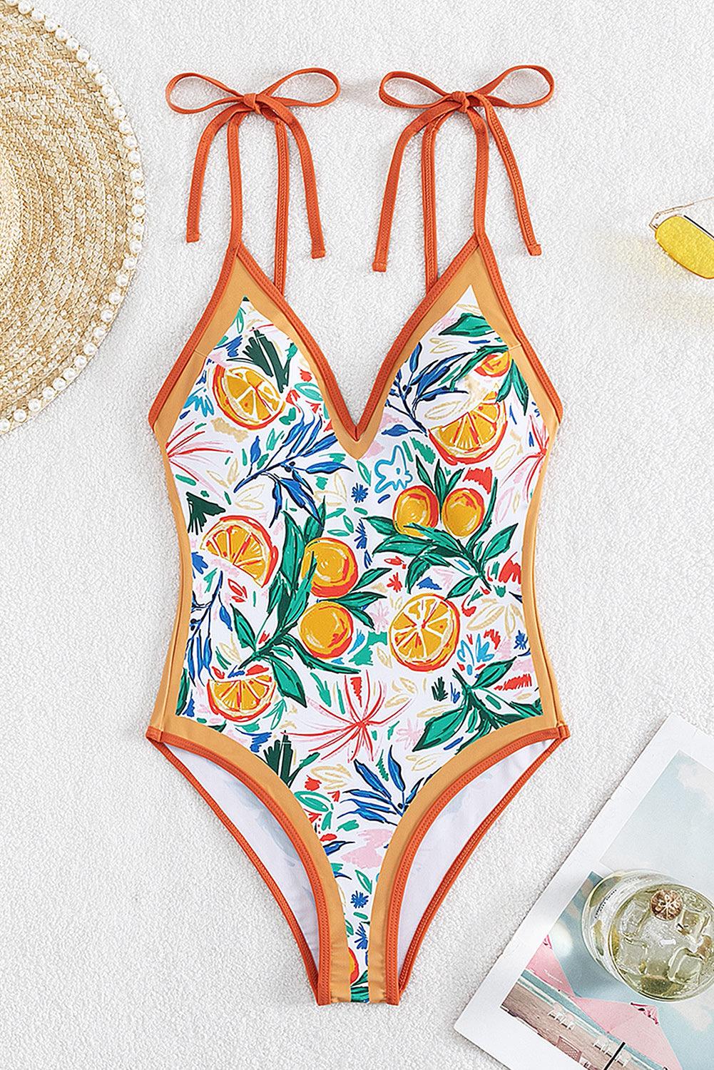 Orange Fruit Plant Print Tied Straps V Neck One Piece Swimsuit - L & M Kee, LLC