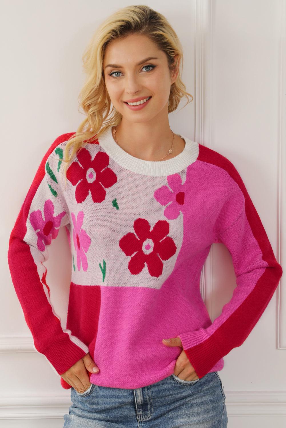 Rose Red Floral Mixed Color Block Sweater - L & M Kee, LLC