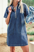 Blue Zip up Collared Short Sleeve Shift Mini Denim Dress