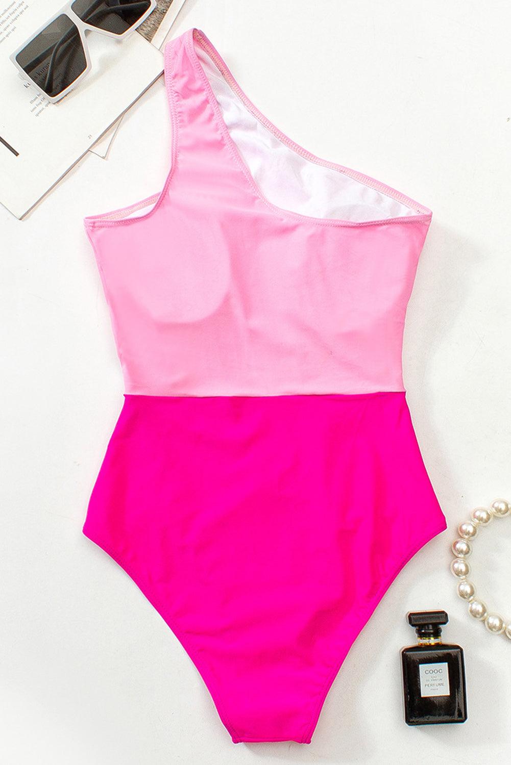 Rose Red Colorblock Patchwork One Shoulder One Piece Swimwear - L & M Kee, LLC