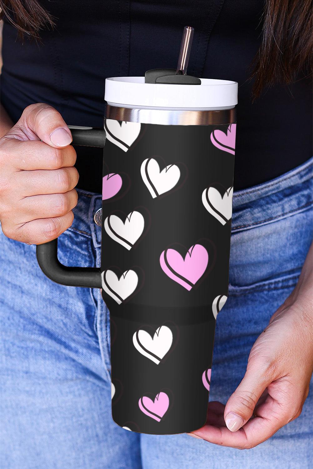 Black Valentines Heart Printed Thermos Cup with Handle - L & M Kee, LLC