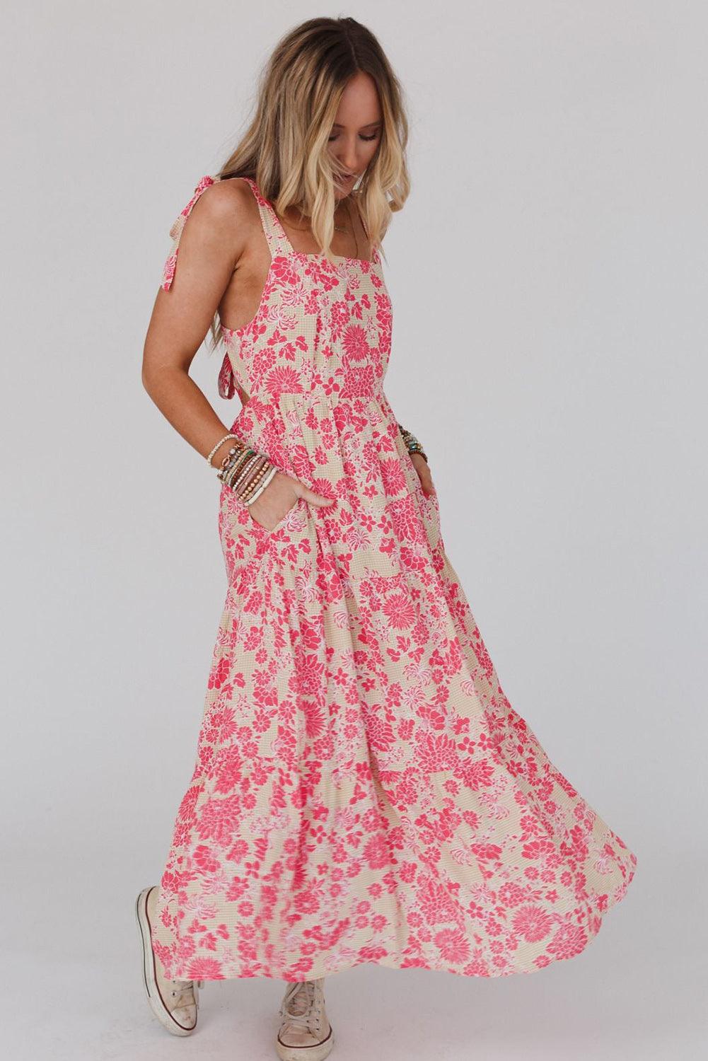 Gingham Floral Tie Shoulder Maxi Dress - L & M Kee, LLC