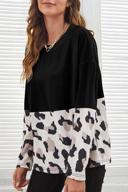 Black Leopard Color Block Long Sleeve Top - L & M Kee, LLC