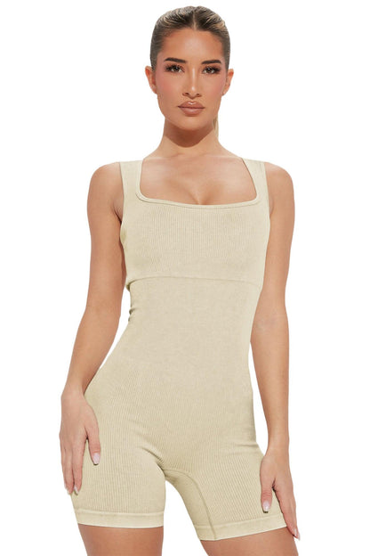 Gray Ribbed Square Neck Padded Sports Romper - L & M Kee, LLC