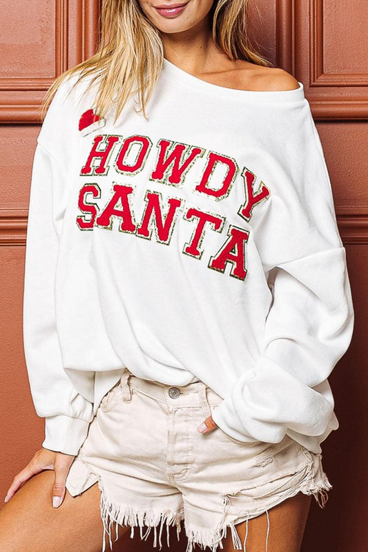 White HOWDY SANTA Chenille Letters Baggy Sweatshirt - L & M Kee, LLC