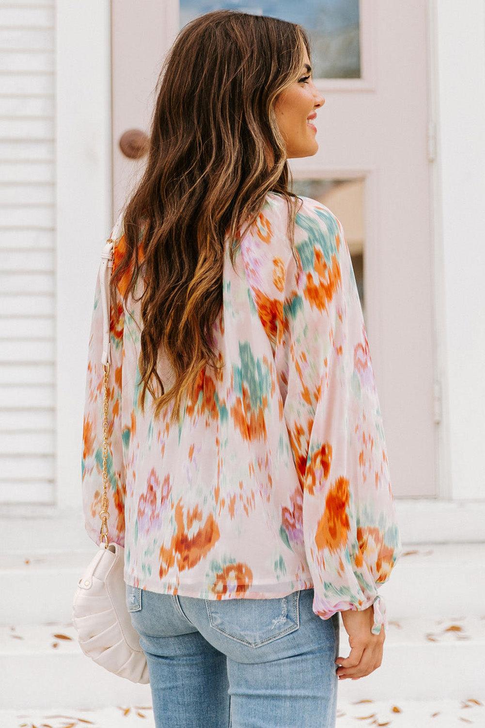 Multicolor Abstract Print Split Neck Puff Sleeve Blouse - L & M Kee, LLC