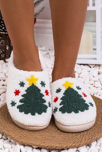 White Fuzzy Christmas Tree Pattern Home Slippers - L & M Kee, LLC