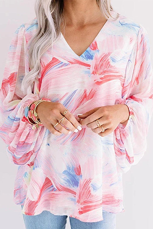 Pink Abstract Print Balloon Sleeve V-Neck Blouse - L & M Kee, LLC