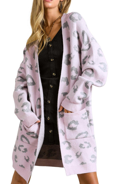 Pink Leopard Pocketed Open Front Long Cardigan - L & M Kee, LLC