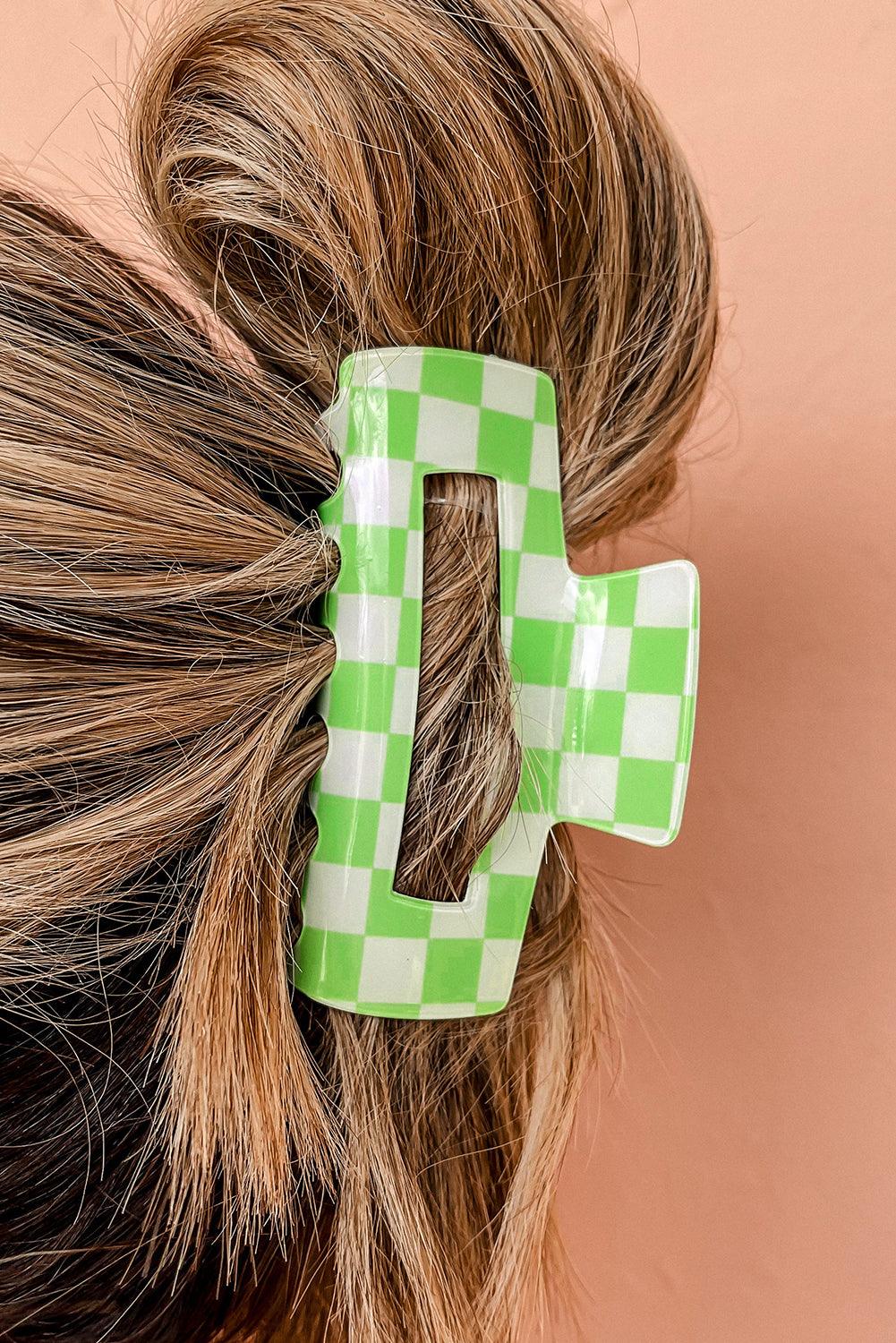 Light Green Checkered Print Hollow Out Hair Clip - L & M Kee, LLC