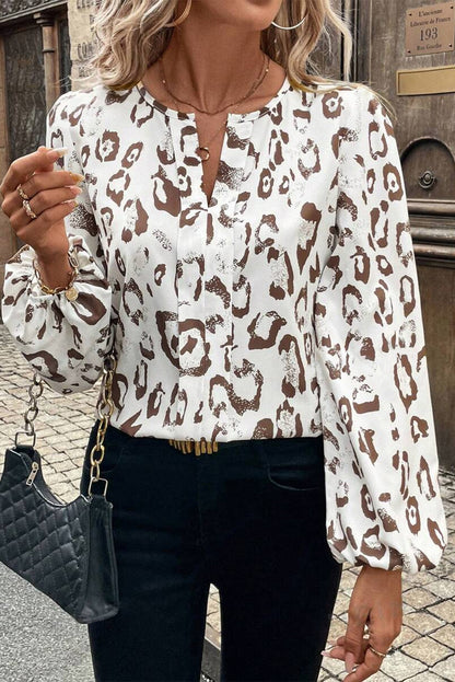 Khaki Leopard Print Split Neck Balloon Sleeve Blouse