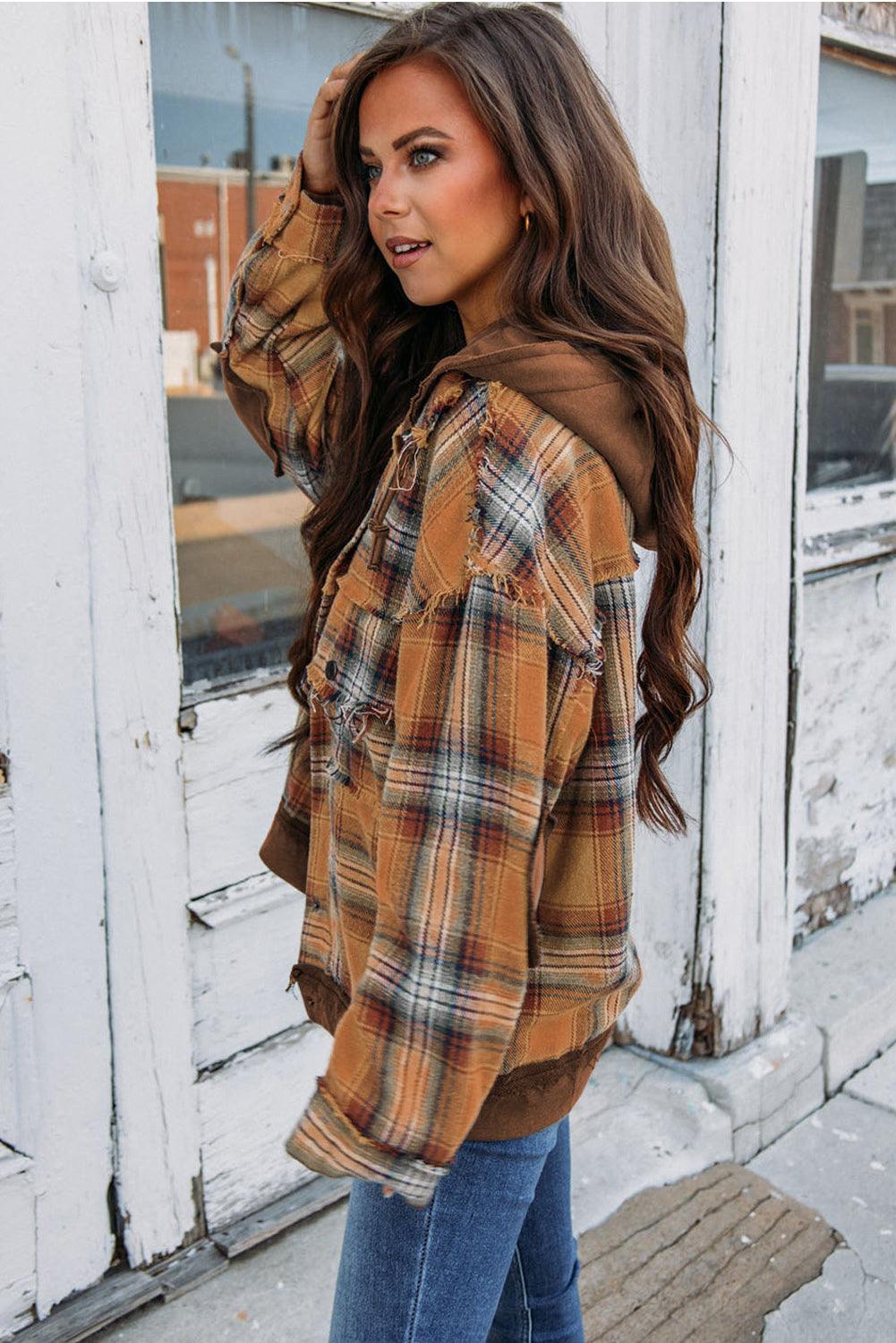 Orange Plaid Patch Hooded Frayed Snap Button Jacket - L & M Kee, LLC