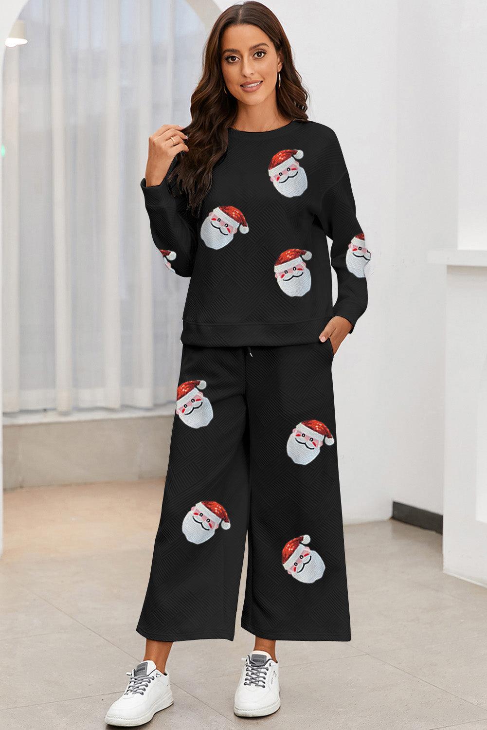 Black Christmas Santa Clause Print Textured Pants Set - L & M Kee, LLC