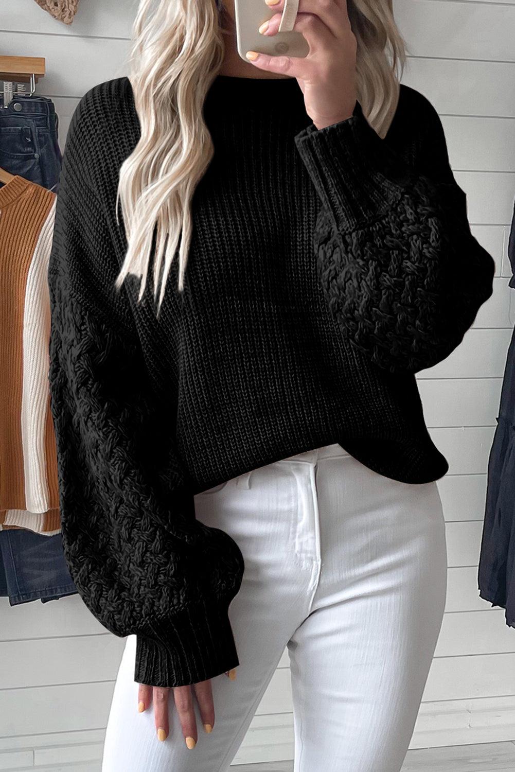 Black Cable Knit Sleeve Drop Shoulder Sweater - L & M Kee, LLC