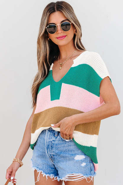 Multicolour Color Block Notch V Neck Sweater T Shirt