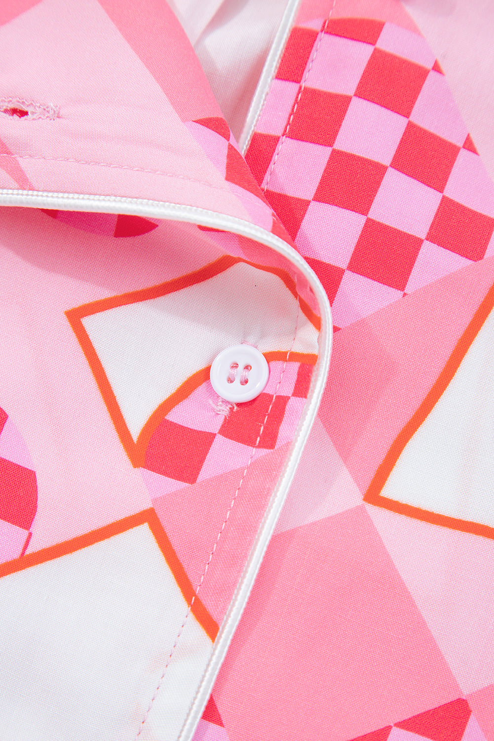 Pink Heart Print Shirt Style Silky Short Pajama Set