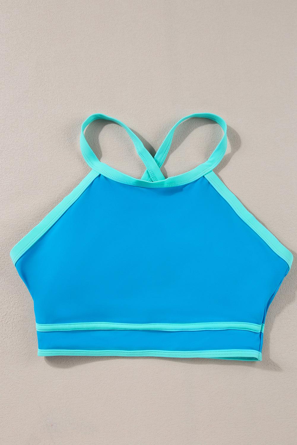 Blue Contrast Trim Crisscross Back High Waisted Bikini - L & M Kee, LLC