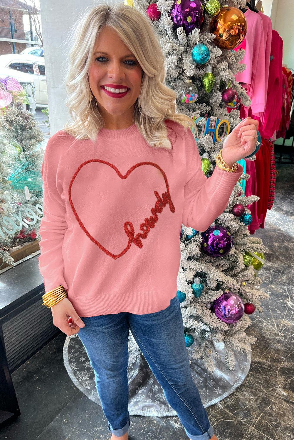 Pink Howdy Heart Graphic Round Neck Casual Sweater - L & M Kee, LLC