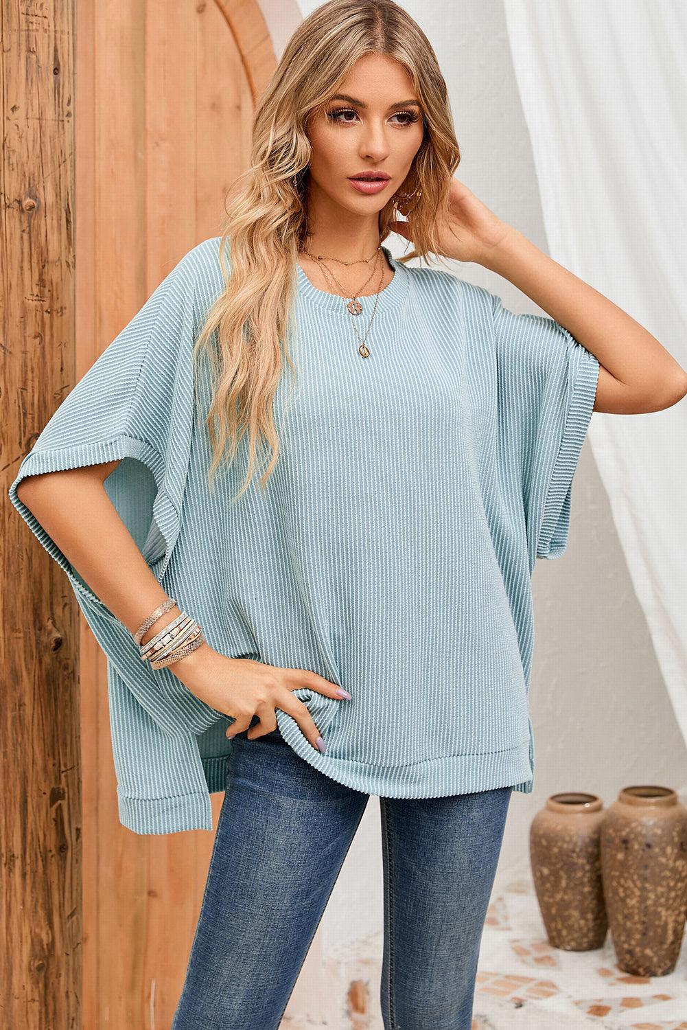 Apricot Ribbed Knit Batwing Sleeve Tunic Oversized T Shirt - L & M Kee, LLC