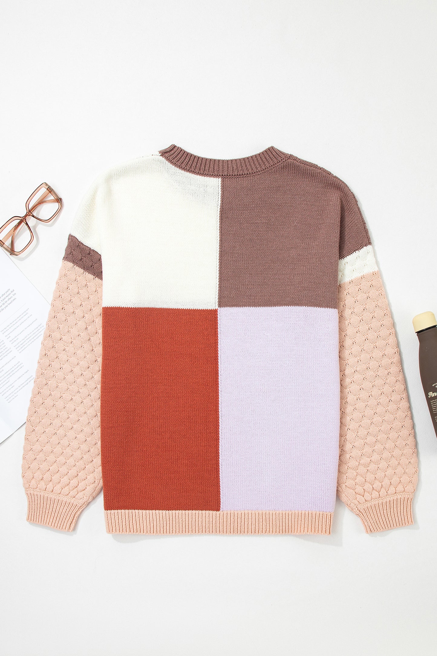 Coffee Mix Texture Colorblock Knit Baggy Sweater