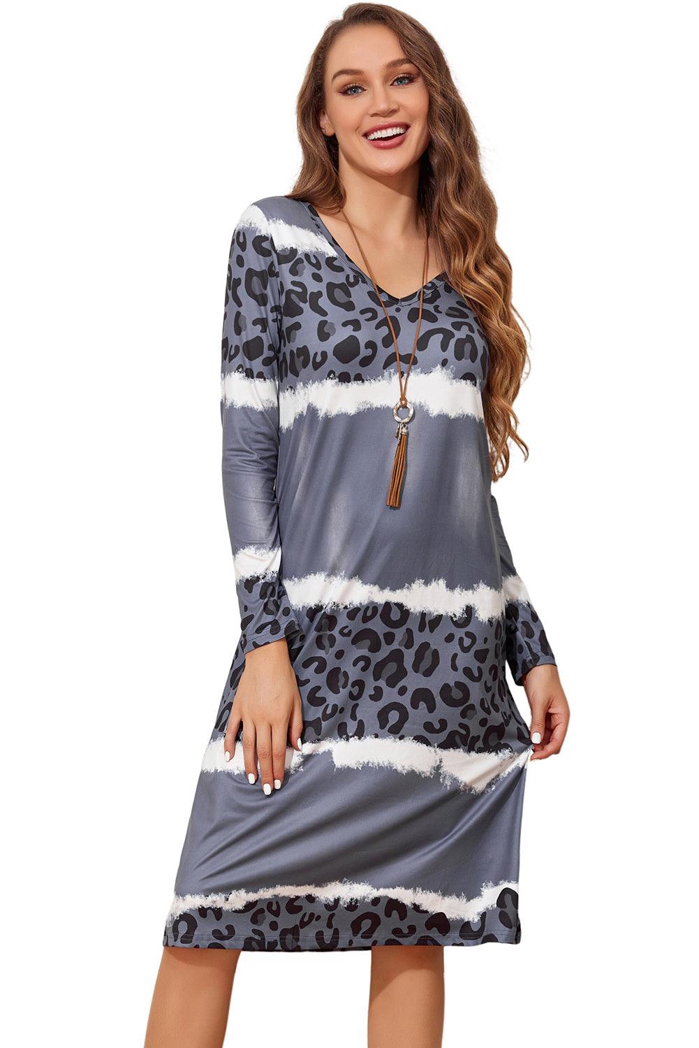 Gray Leopard Tie Dye Long Sleeve Shift Dress - L & M Kee, LLC