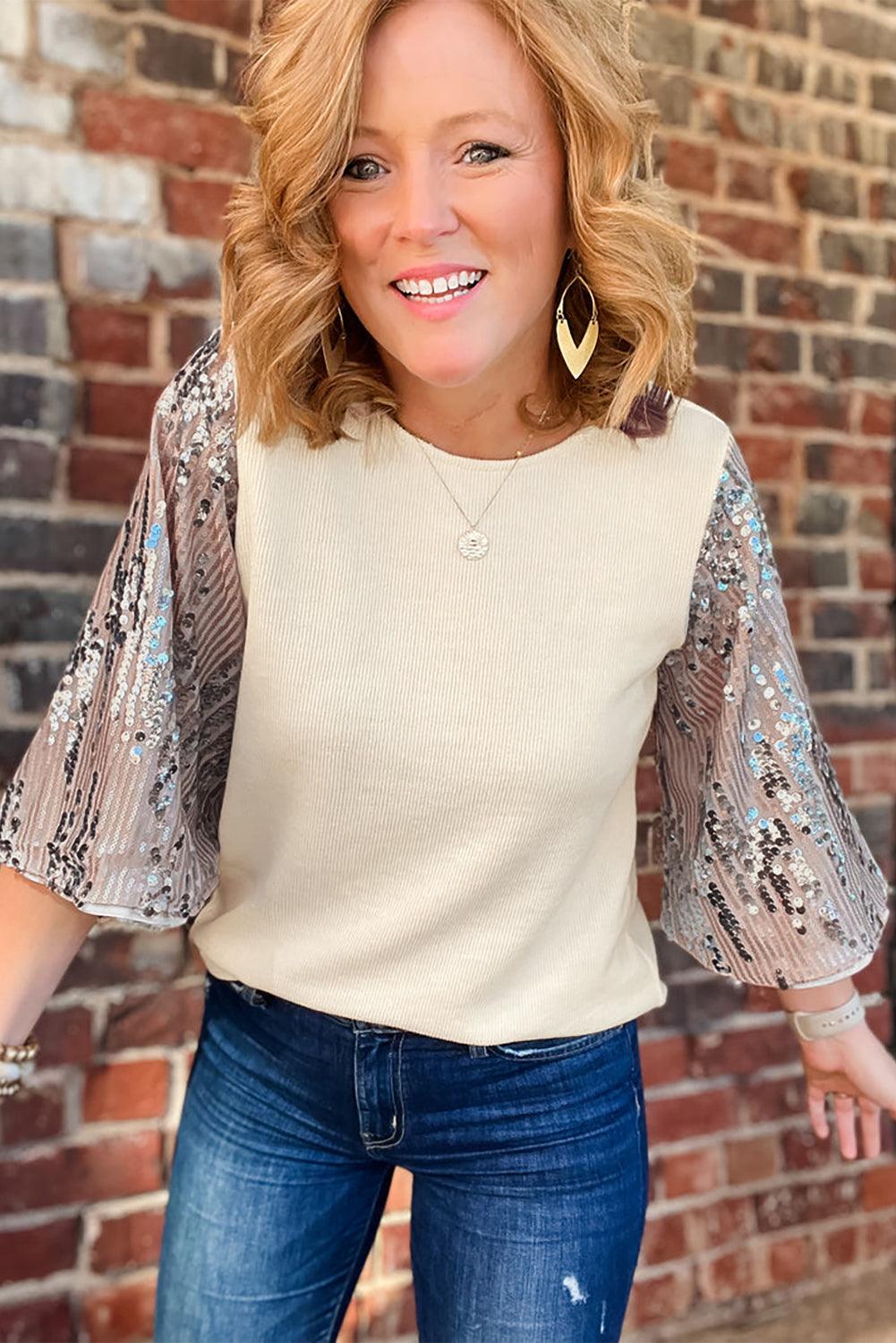 White Sequined Bell Sleeve Round Neck Blouse - L & M Kee, LLC