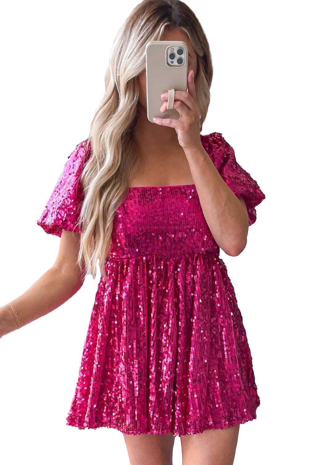 Rose Red Short Puff Sleeve Sequin Babydoll Romper - L & M Kee, LLC