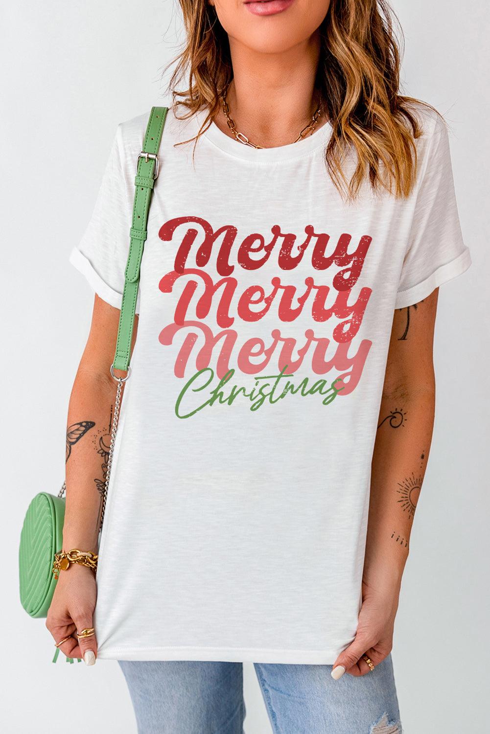 White Merry Christmas Crew Neck Graphic Tee - L & M Kee, LLC