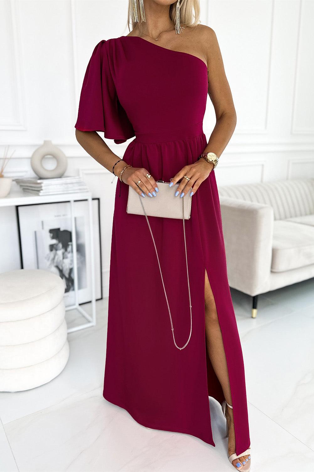 Rose One Shoulder Ruffle Sleeve Maxi Dress with Slit - L & M Kee, LLC