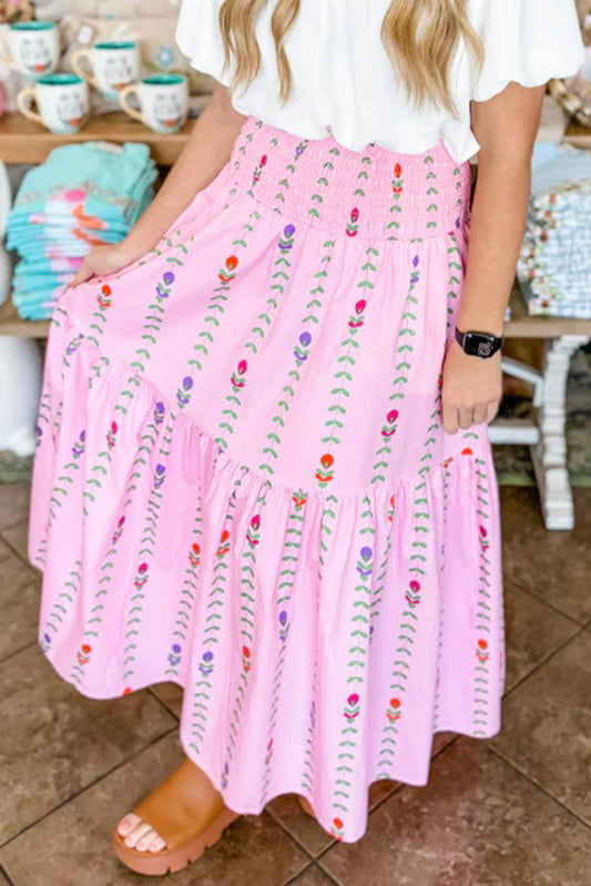 Pink Printed Smocked Tiered Maxi Skirt - L & M Kee, LLC