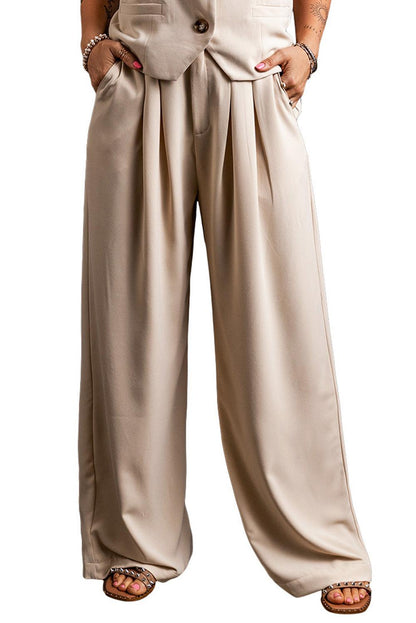 Apricot Elastic Waist Pleated Wide Leg Pants - L & M Kee, LLC