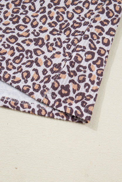 Khaki Leopard Ribbed Long Sleeve Top Drawstring Shorts 2pcs Outfit