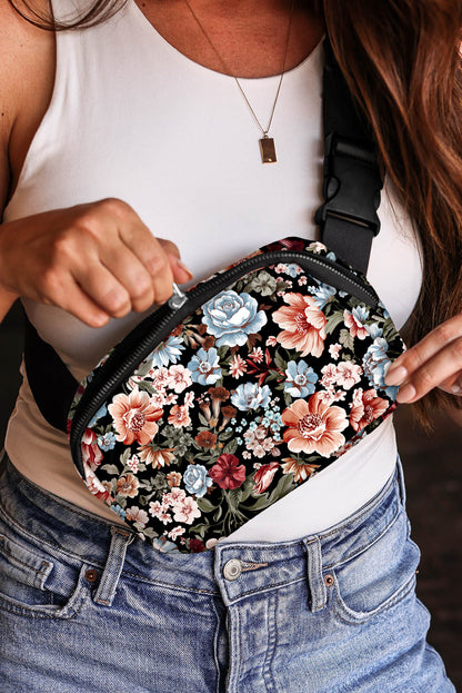 Black Floral Print Zipper Wide Strap Sling Bag