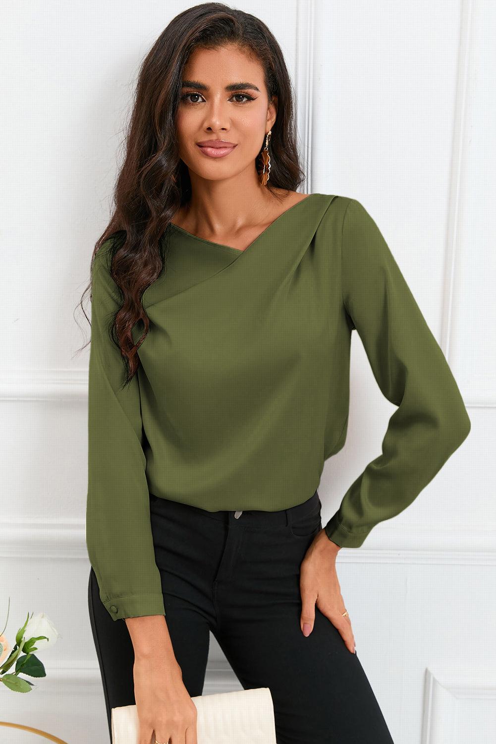 Solid Asymmetric V Neck Long Sleeve Satin Blouse - L & M Kee, LLC