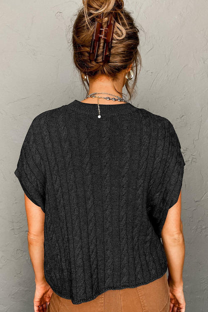 Black Crew Neck Cable Knit Short Sleeve Sweater - L & M Kee, LLC