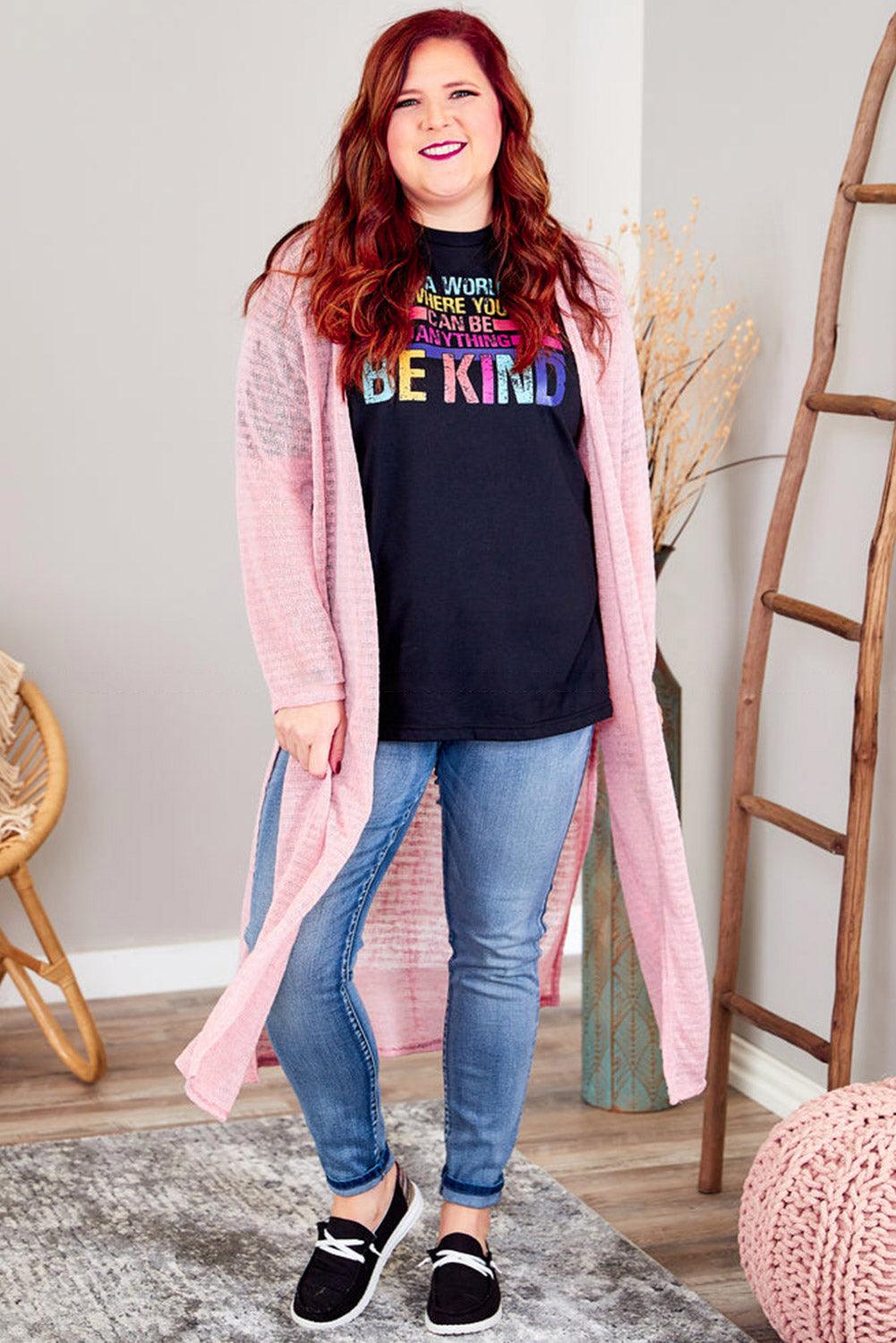 Pink Sheer Knitted Long Side Slit Plus Size Cardigan - L & M Kee, LLC