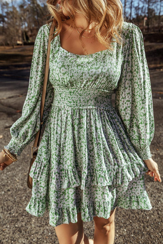 Green Floral Print Square Neck Shirred Waist Tiered Ruffled Mini Dress - L & M Kee, LLC