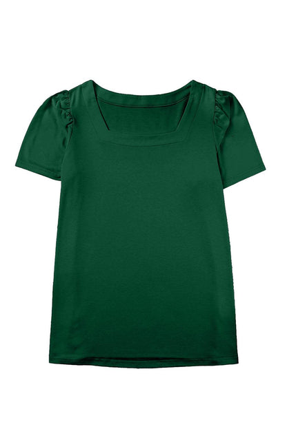 Green Plus Size Square Neck Ruched Shoulder Short Sleeve Top - L & M Kee, LLC