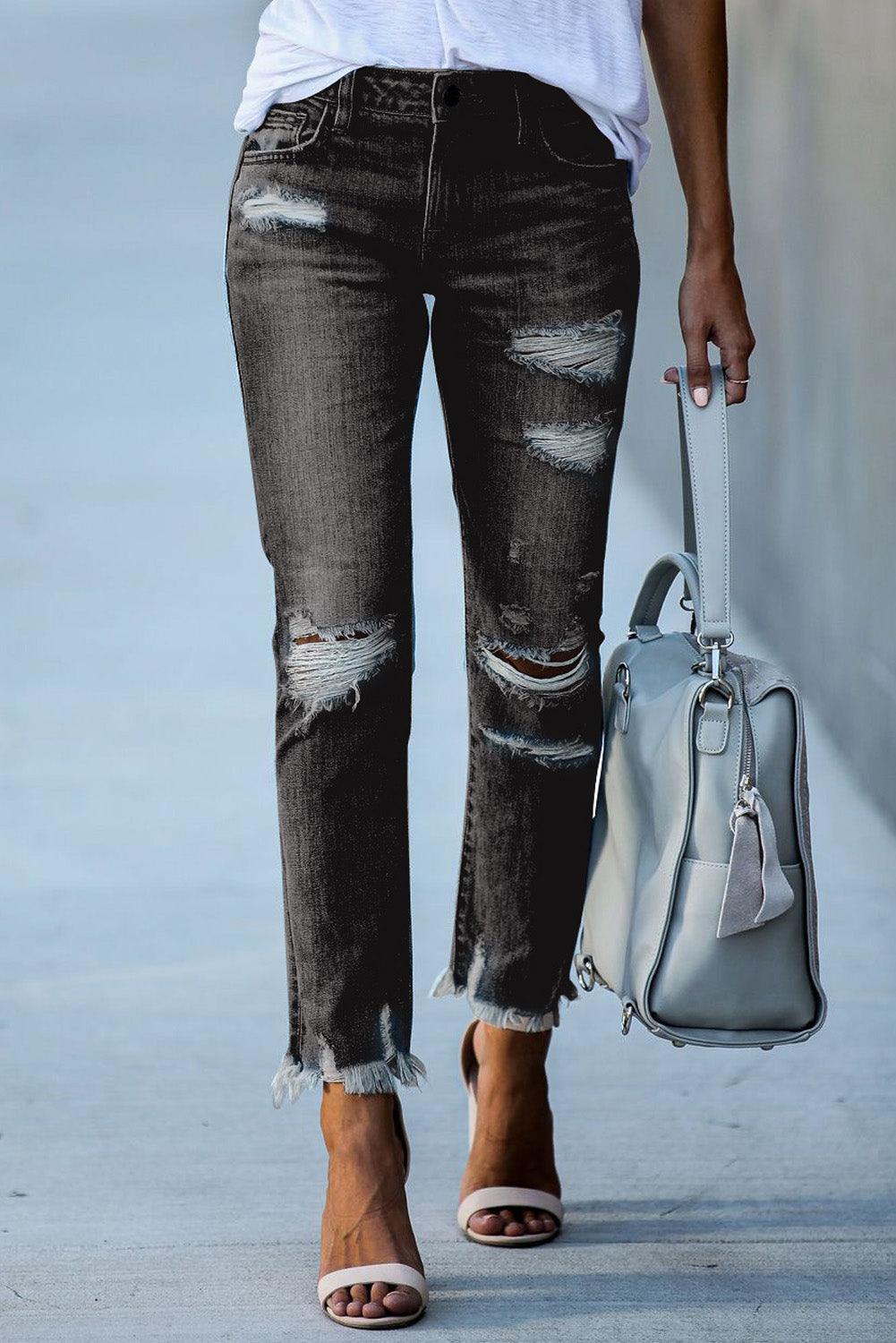 Light Blue Distressed Boyfriend Denim Pants - L & M Kee, LLC