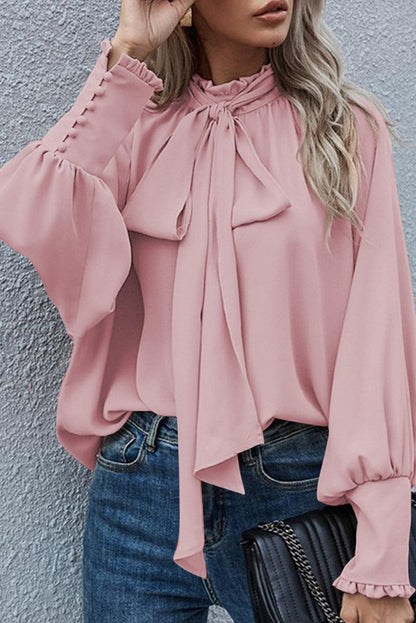 Pink Frilled Knotted Mock Neck Bishop Sleeve Blouse - L & M Kee, LLC